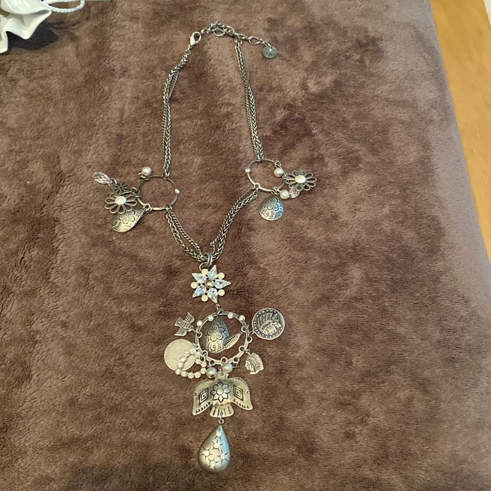 LK Leetal Kalmanson 2 chain gunmetal charm necklace with rhinestones